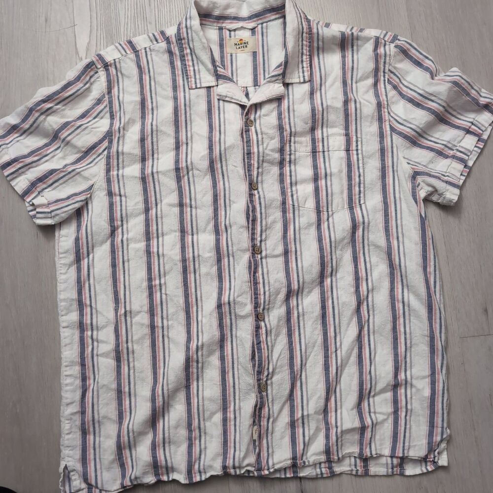 Marine Layer Shirt Men’s Large Striped Short Sleeve MarineLayer Hemp/Ten/Sp Blnd